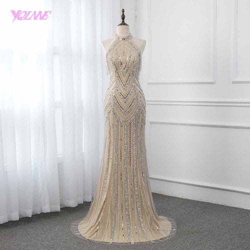 Champagne Crystals Evening Dress Long Pageant Dresses Mermaid Evening Gown Competition