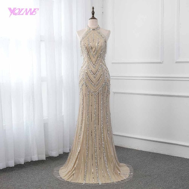 Champagne Crystals Evening Dress Long Pageant Dresses Mermaid Evening Gown Competition