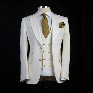New Arrival Groomsmen Ivory Groom Tuxedos Peak Lapel Men Suits Wedding Best Man Blazer ( Jacket+Pants+Vest+Tie ) C459