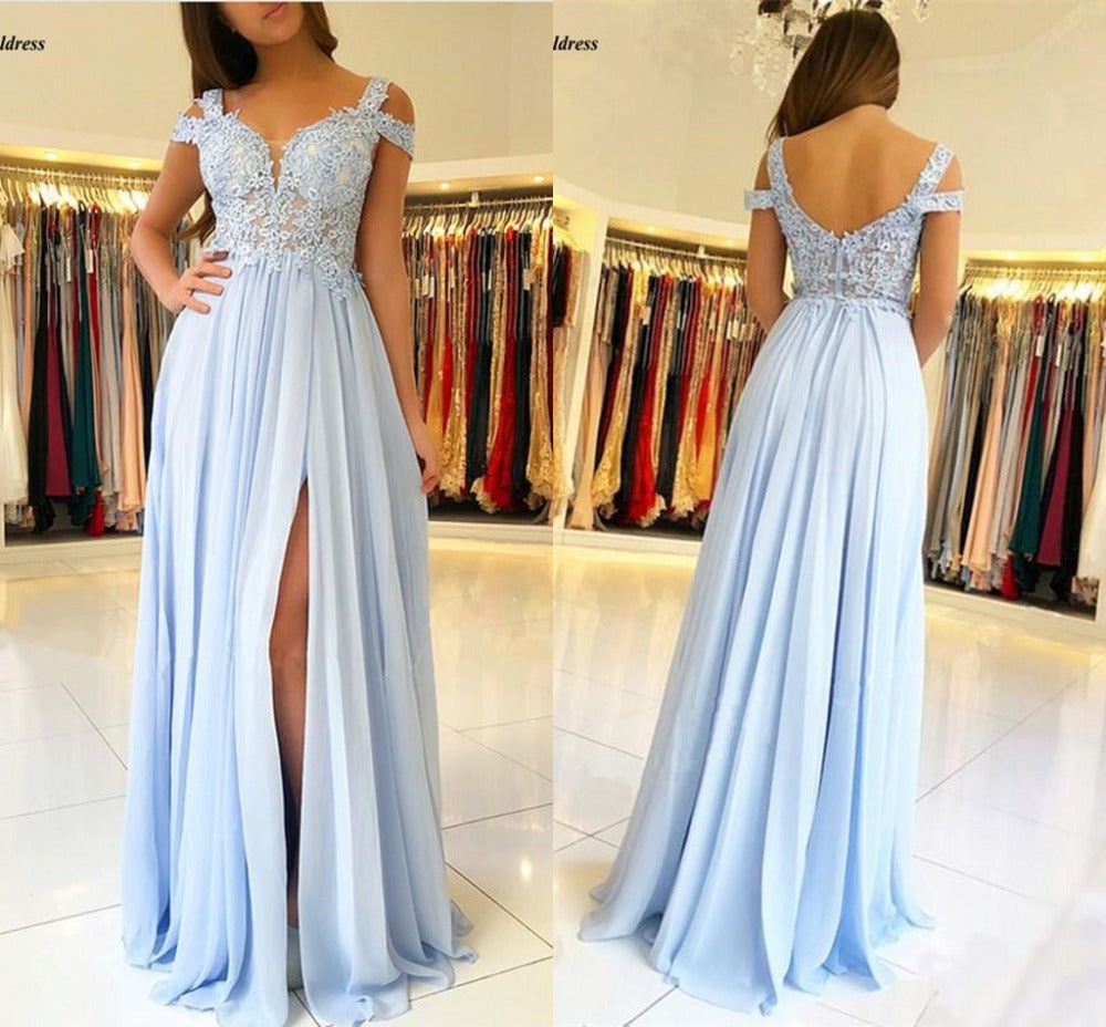 Sky Blue Bridesmaid Dresses Long Side Split Off Shoulder Lace Appliques Prom Party Gowns Wedding Guest Maid Of Honor Dresses