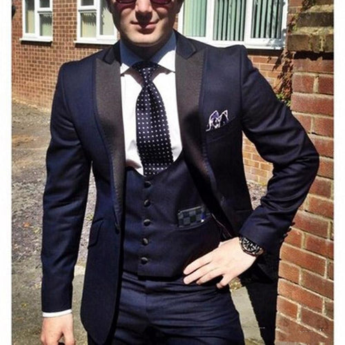 Navy Blue Groom Tuxedos for Wedding Wear 2018 Peaked Lapel One Button Custom Made Business Men Suits Jacket +Vest + Pants terno