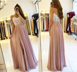 2020 Blush Pink Long Bridesmaid Dresses Wedding Party High Side Split A-Line Appliques Chiffon Sexy Back Wedding Guest Gowns