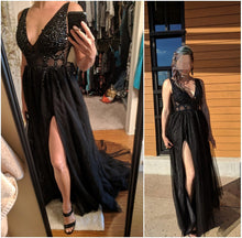 Load image into Gallery viewer, V Neck Sparkly Prom Dresses 2019 Backless Evening Party Dress Elegant Sexy See Through High Split Vestido de Festa Real Photo