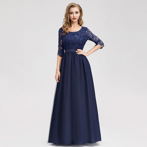 Lace Evening Dresses Long Ever Pretty O-Neck A-Line Half Sleeve Sexy Appliques Elegant Women Evening Gowns Robe De Soiree 2019